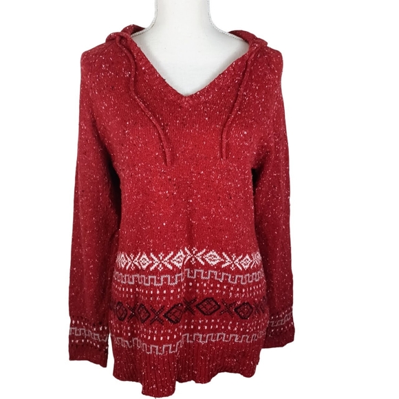 Gitano Holiday Knit Sweater Medium Red V-Neck W/ Hood -Long Sleeve -Drawstring - Picture 1 of 14